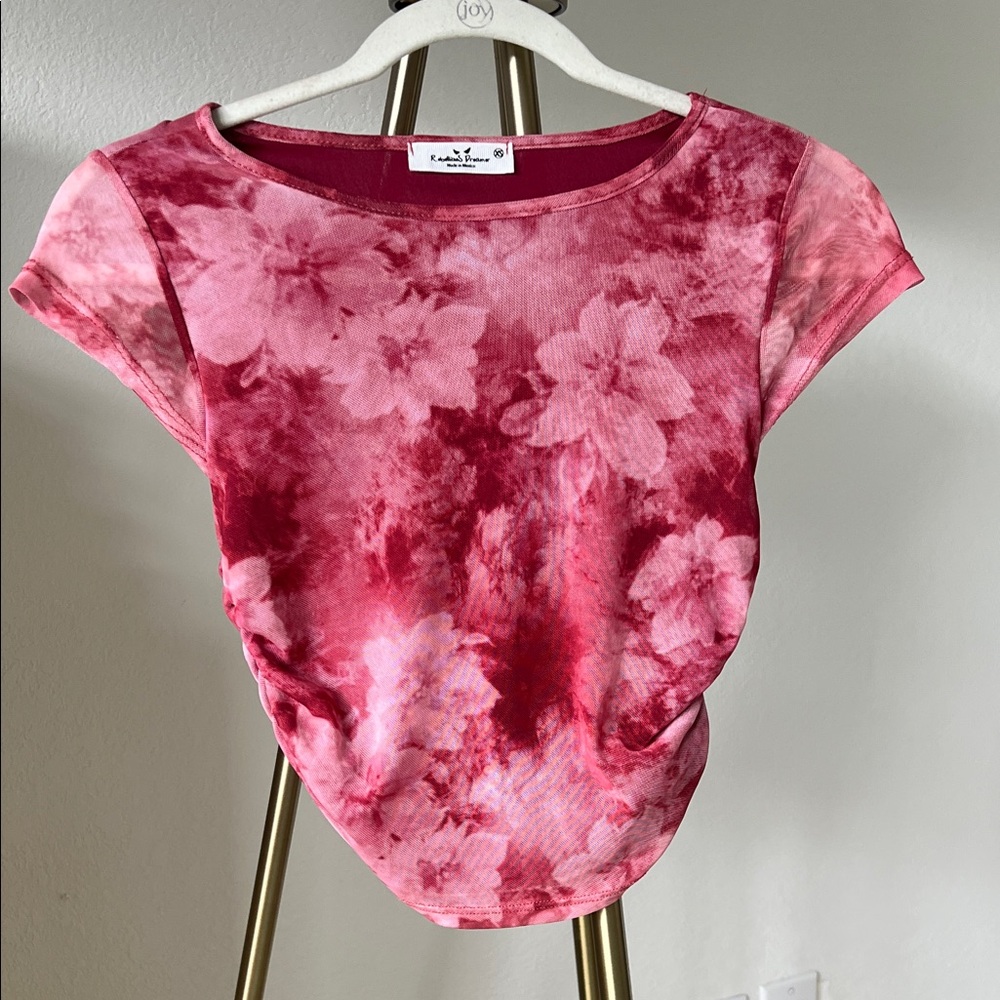 Floral Tie-Dye cropped Short Sleeve Top - Pink